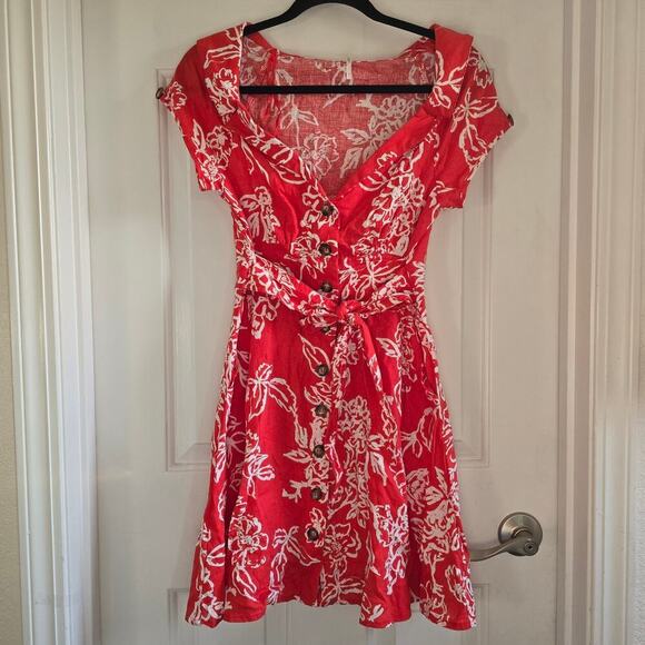 Free People a thing called love mini dress Linen Blend Florral Red Coral Size 4 - Picture 3 of 10